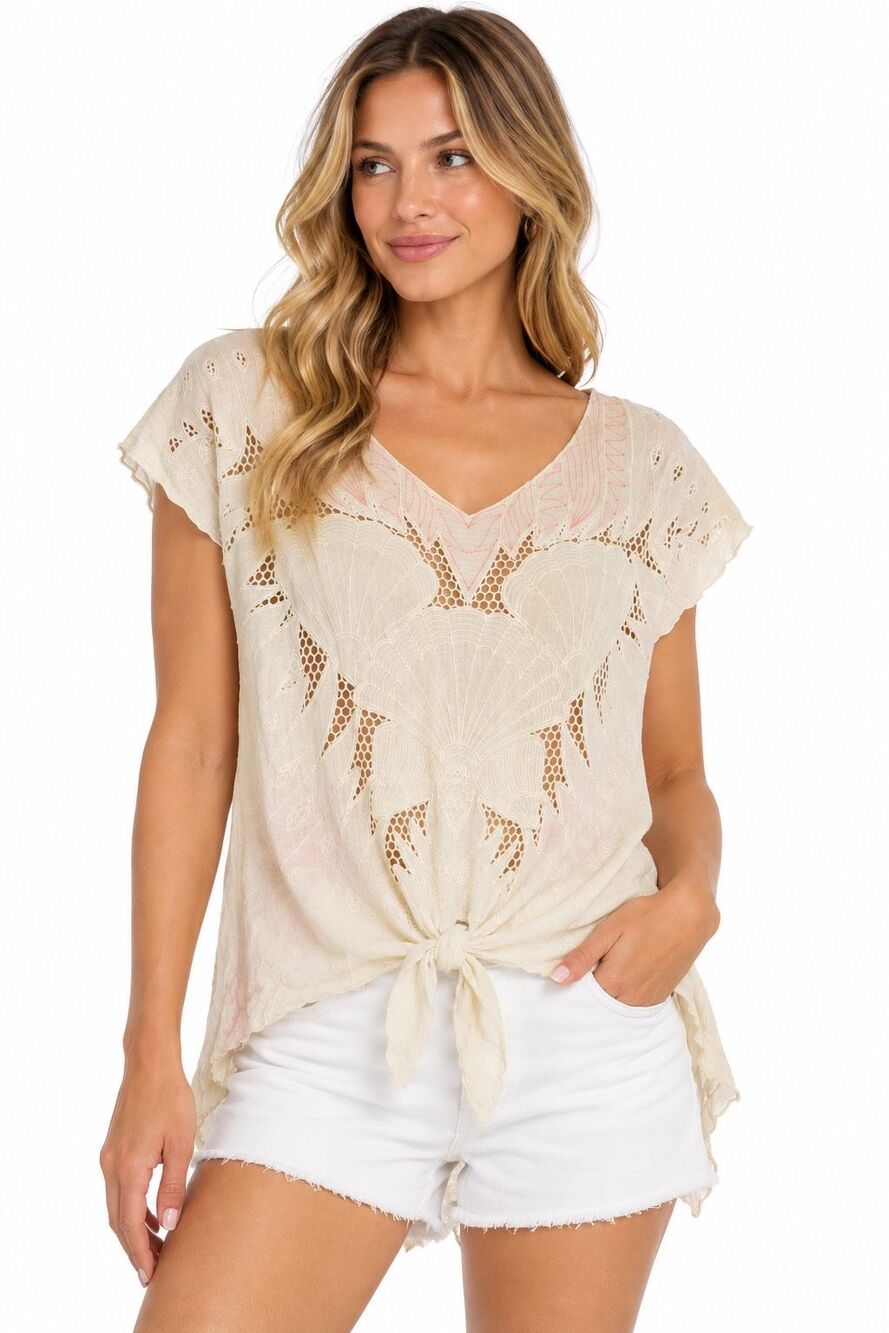 Free People Castaway Ivory Embroidered Eyelet Lace Tie Boho Front Top Medium